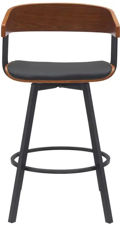 Athena 27" Swivel Walnut Wood Counter Stool in Black Faux Leather with Black Metal