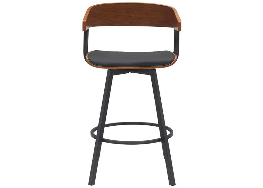 Athena 27" Swivel Walnut Wood Counter Stool in Black Faux Leather with Black Metal