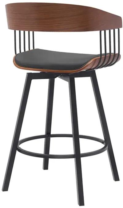 Athena 27" Swivel Walnut Wood Counter Stool in Black Faux Leather with Black Metal