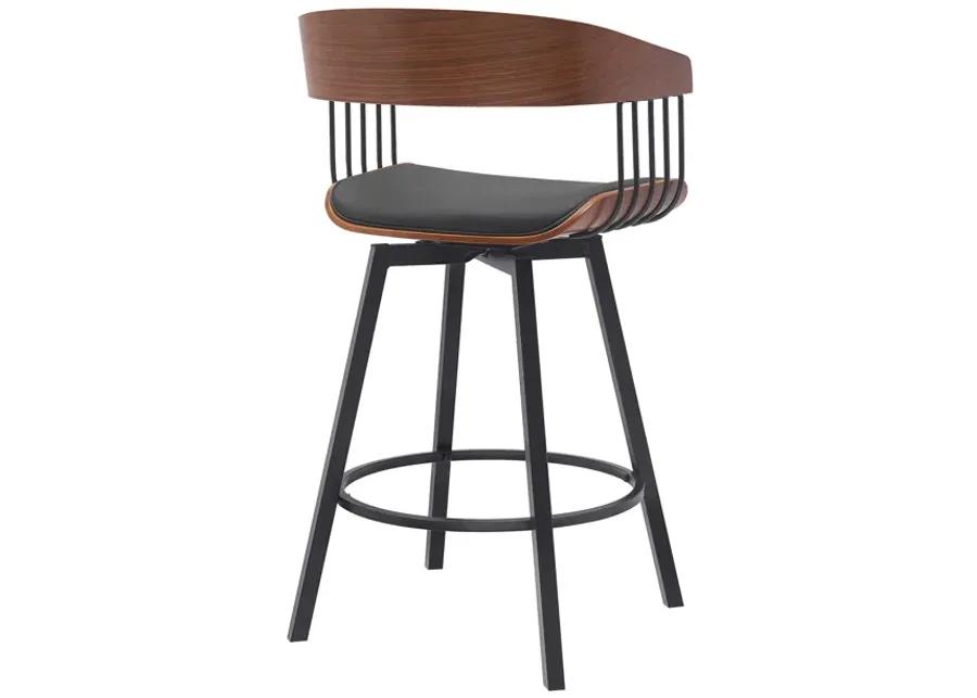 Athena 27" Swivel Walnut Wood Counter Stool in Black Faux Leather with Black Metal