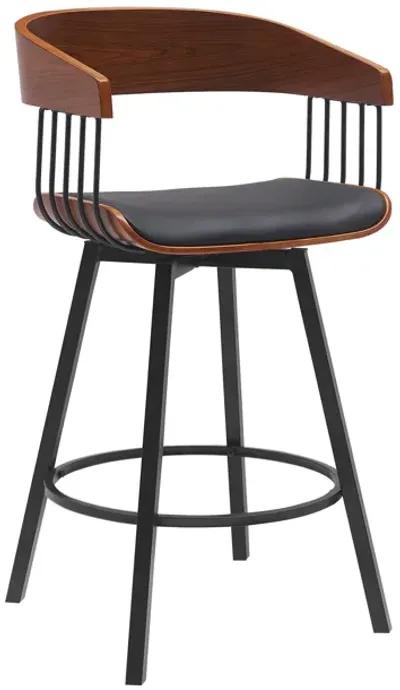 Athena 27" Swivel Walnut Wood Counter Stool in Black Faux Leather with Black Metal