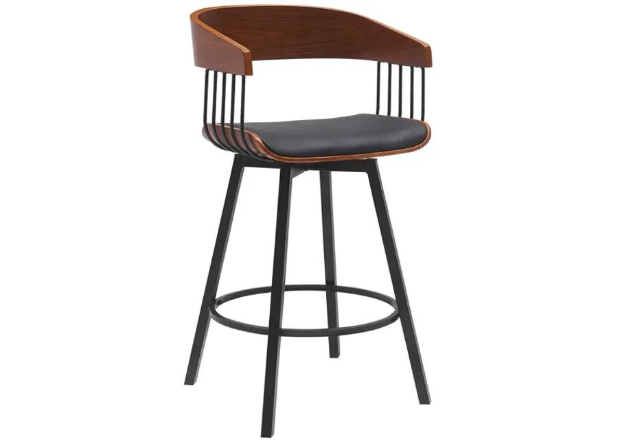 Athena 27" Swivel Walnut Wood Counter Stool in Black Faux Leather with Black Metal