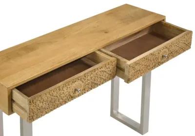 Draco Console Table with Hand Carved Drawers Natural