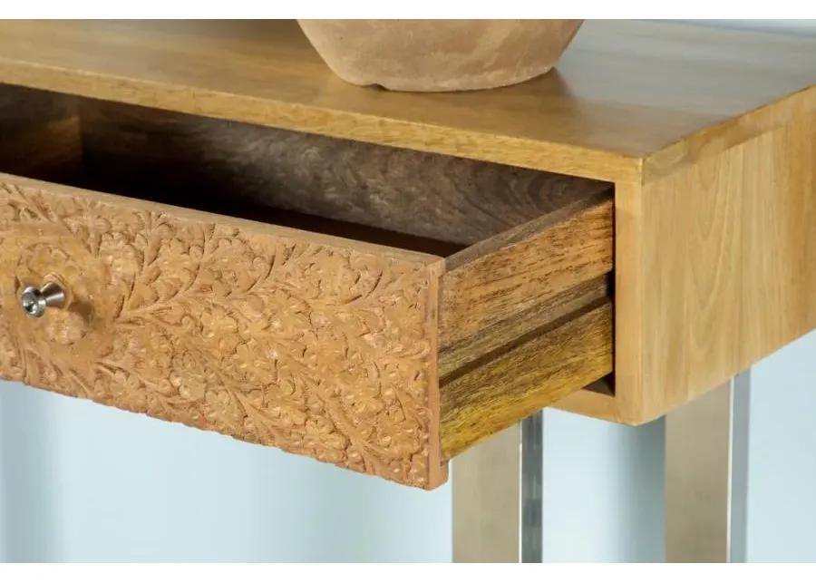 Draco Console Table with Hand Carved Drawers Natural