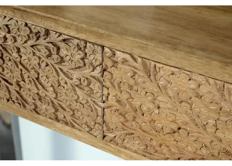 Draco Console Table with Hand Carved Drawers Natural