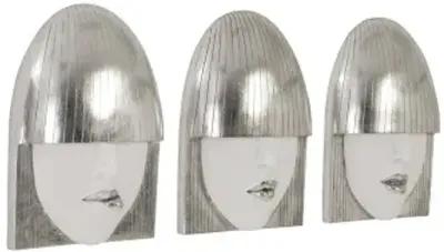 fashion faces wall art, small, white and silver leaf, set of 3