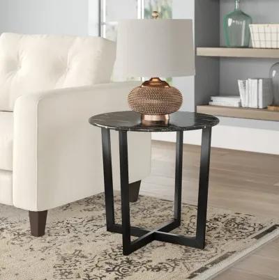 Llona 24" Round Side Table in Black Marble Melamine with Matte Black Base