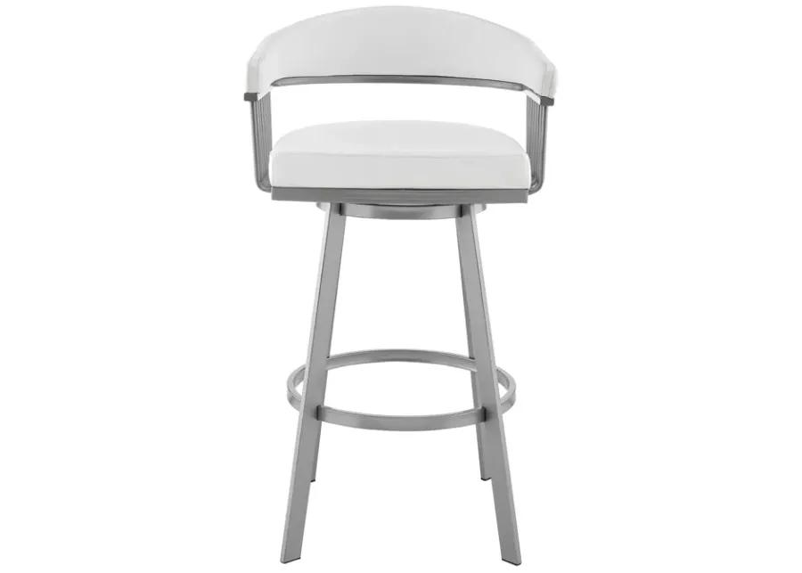 Bronson 25" Counter Height Swivel Bar Stool in Silver Finish and White Faux Leather