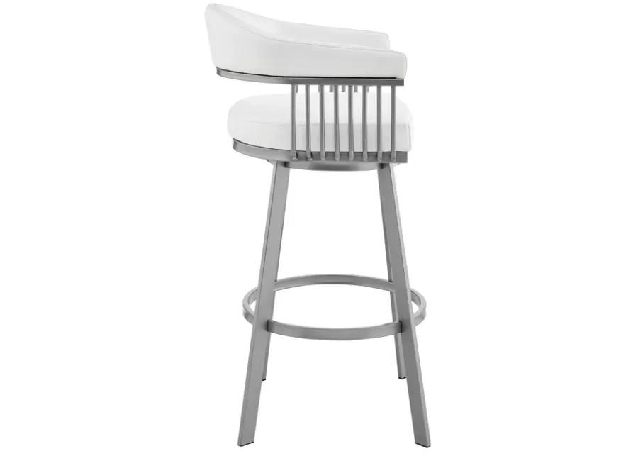 Bronson 25" Counter Height Swivel Bar Stool in Silver Finish and White Faux Leather