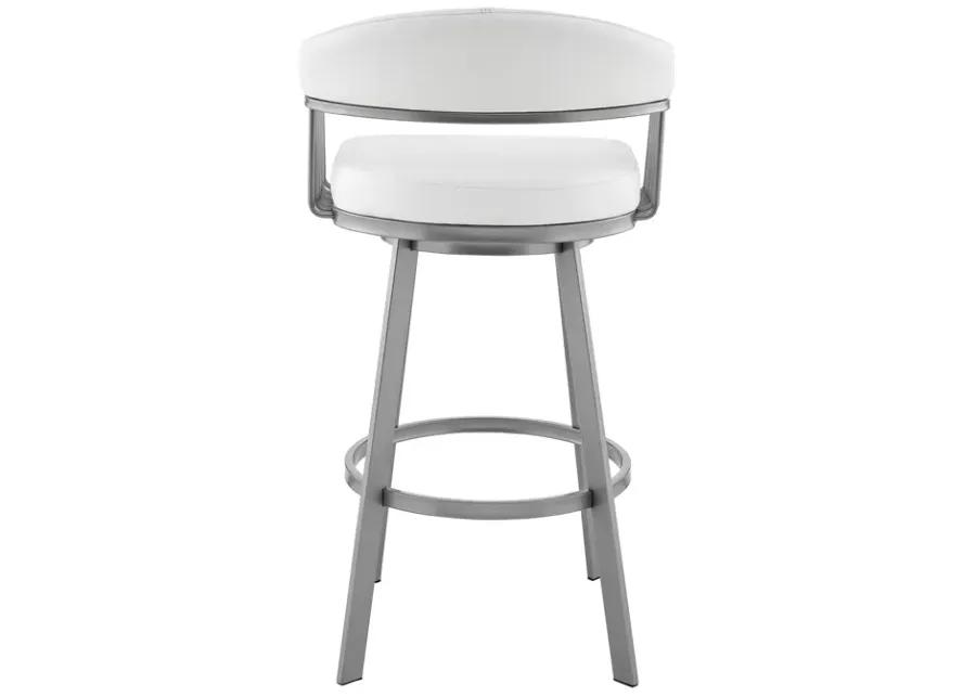 Bronson 25" Counter Height Swivel Bar Stool in Silver Finish and White Faux Leather