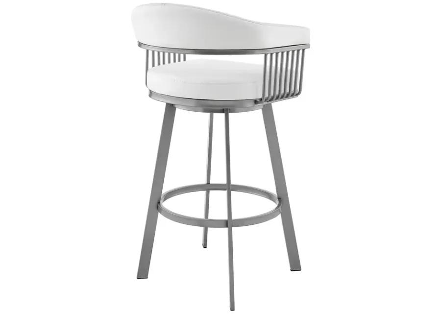 Bronson 25" Counter Height Swivel Bar Stool in Silver Finish and White Faux Leather