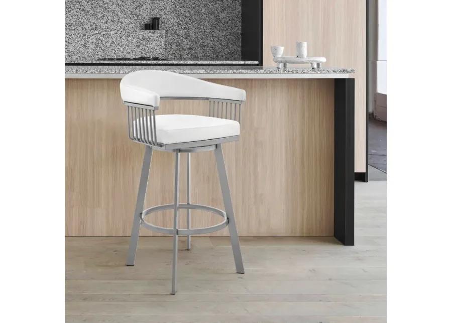 Bronson 25" Counter Height Swivel Bar Stool in Silver Finish and White Faux Leather