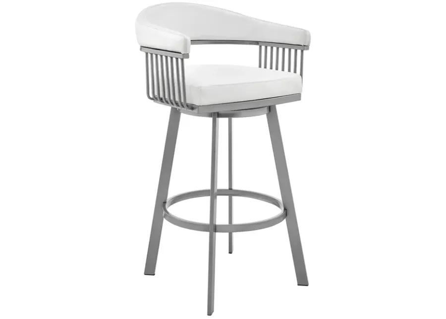 Bronson 25" Counter Height Swivel Bar Stool in Silver Finish and White Faux Leather