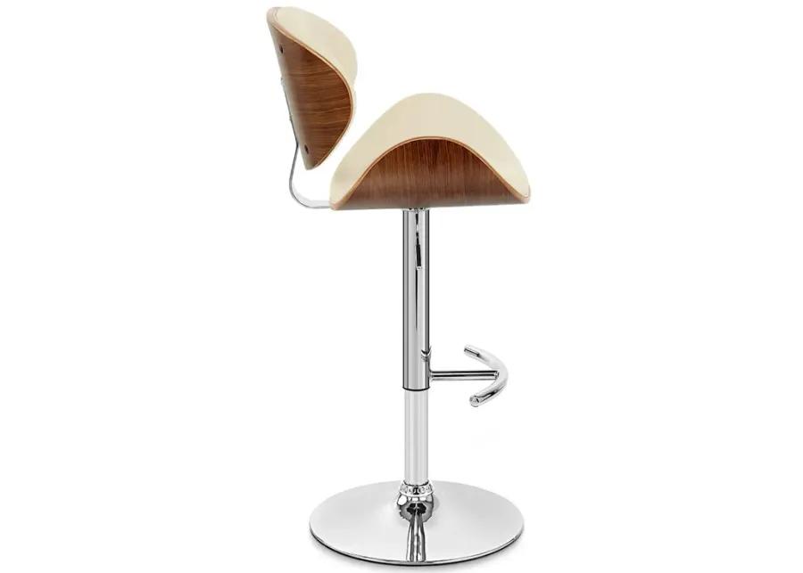 Naples Cream Faux Leather Adjustable Height Swivel Walnut Wood and Chrome Base Bar Stool