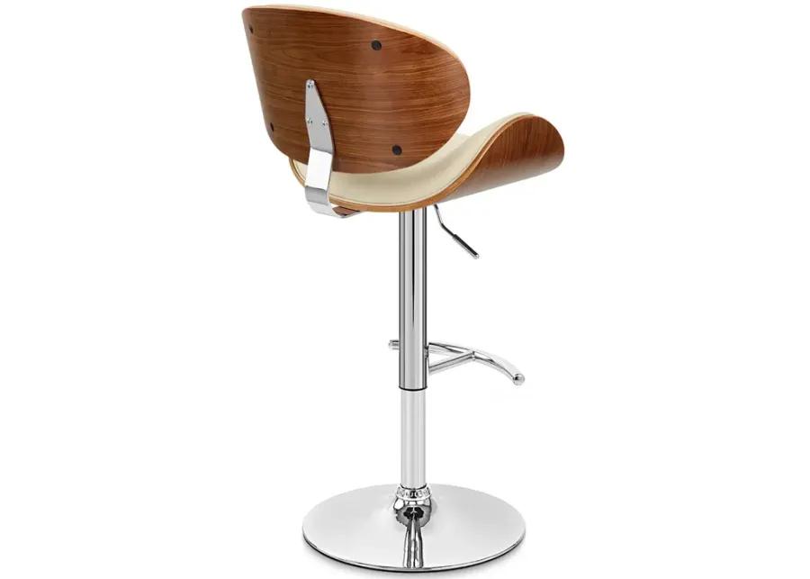 Naples Cream Faux Leather Adjustable Height Swivel Walnut Wood and Chrome Base Bar Stool