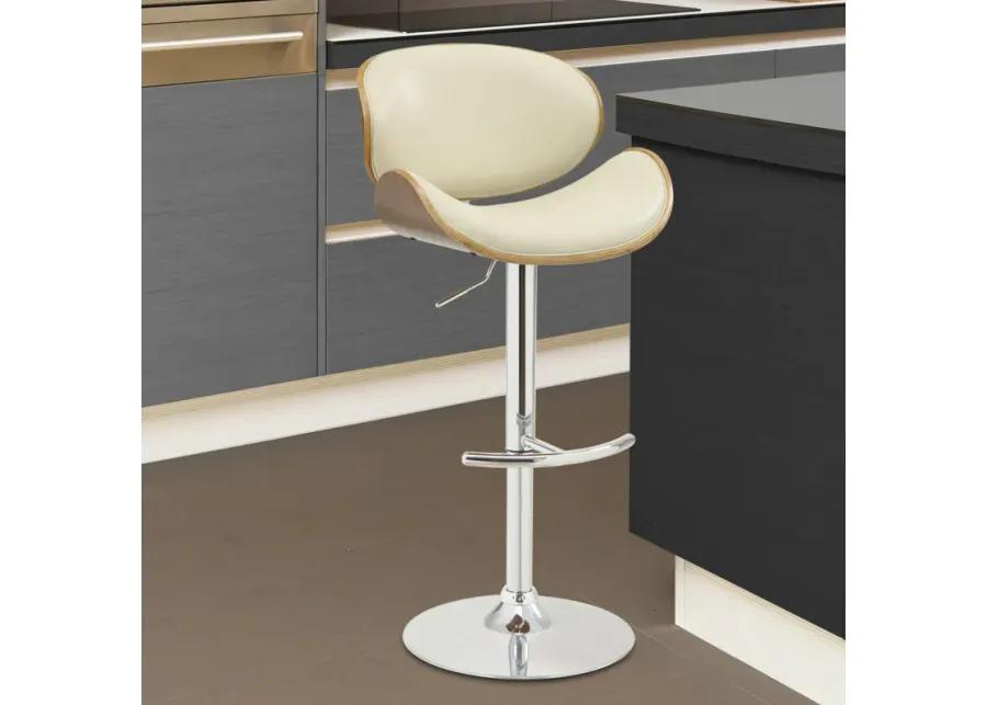 Naples Cream Faux Leather Adjustable Height Swivel Walnut Wood and Chrome Base Bar Stool