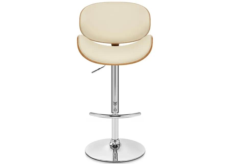 Naples Cream Faux Leather Adjustable Height Swivel Walnut Wood and Chrome Base Bar Stool