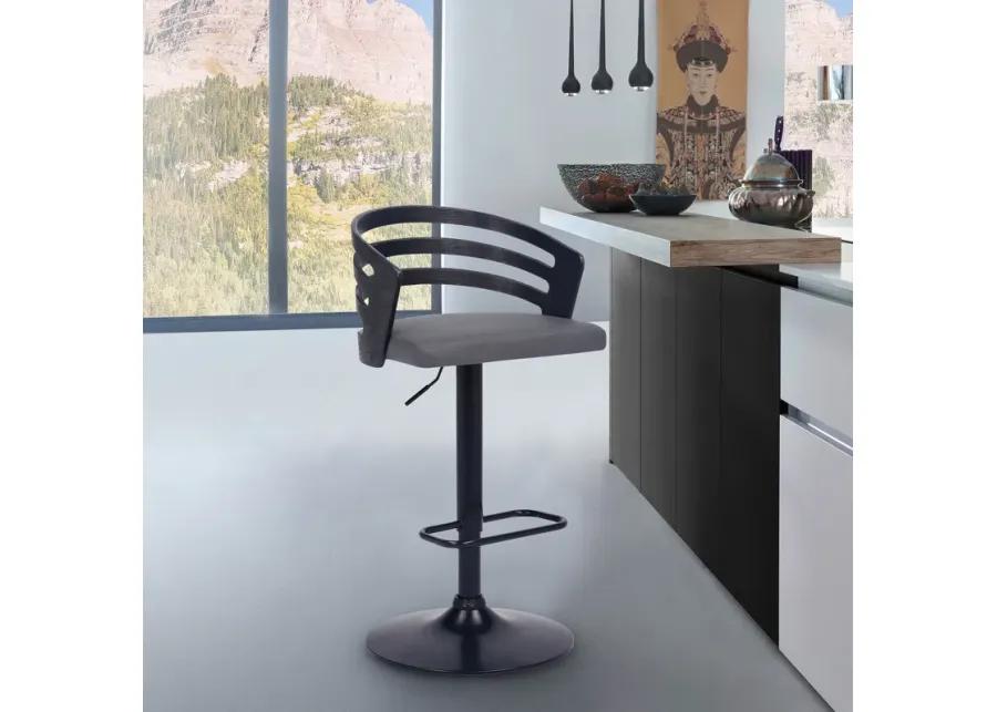 Adele Adjustable Height Swivel Grey Faux Leather and Black Wood Bar Stool with Black Base