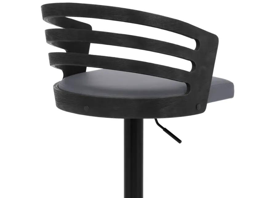 Adele Adjustable Height Swivel Grey Faux Leather and Black Wood Bar Stool with Black Base