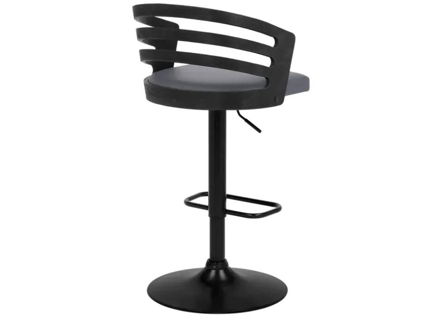 Adele Adjustable Height Swivel Grey Faux Leather and Black Wood Bar Stool with Black Base