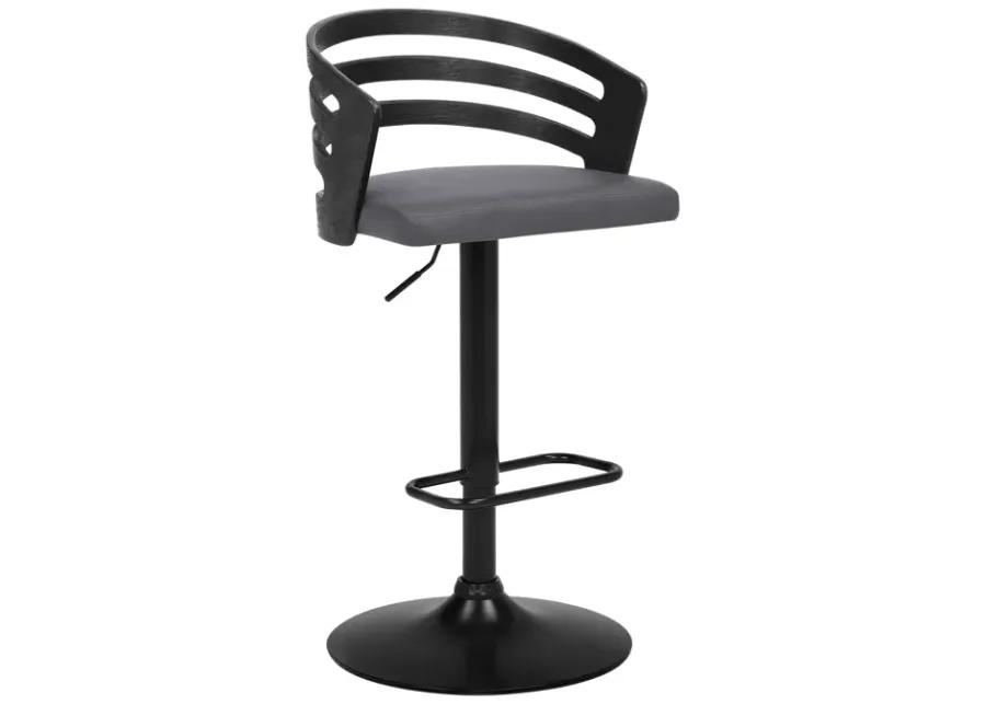 Adele Adjustable Height Swivel Grey Faux Leather and Black Wood Bar Stool with Black Base