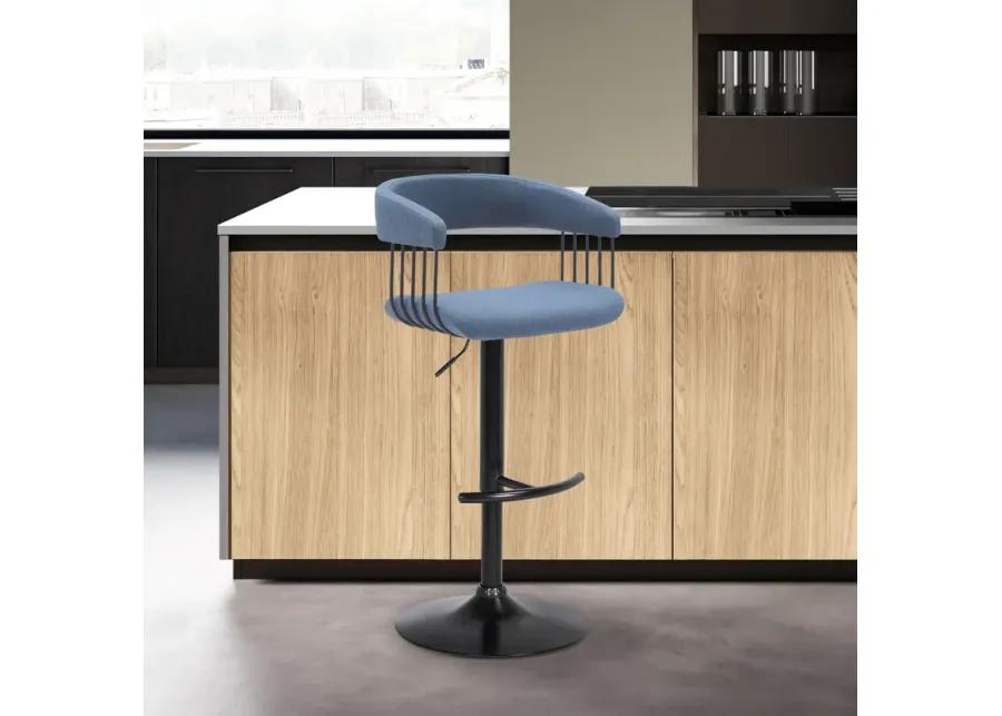 Calista Adjustable Bar Stool in Blue Fabric with Black Metal