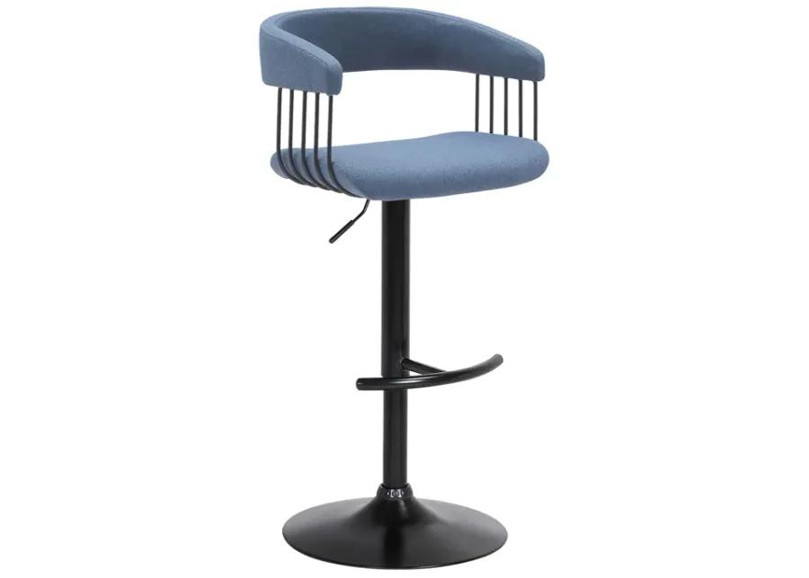 Calista Adjustable Bar Stool in Blue Fabric with Black Metal