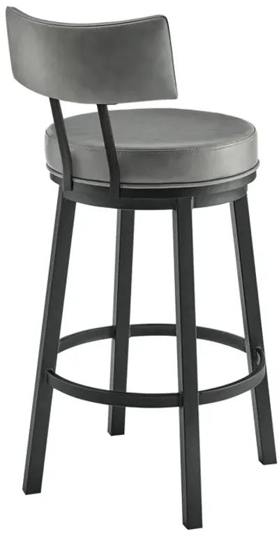 Dalza Swivel Counter or Bar Stool in Black Finish with Gray Faux Leather