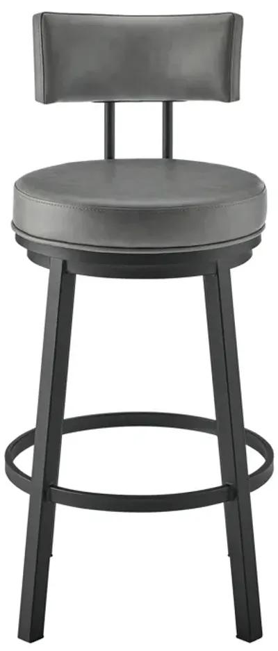 Dalza Swivel Counter or Bar Stool in Black Finish with Gray Faux Leather