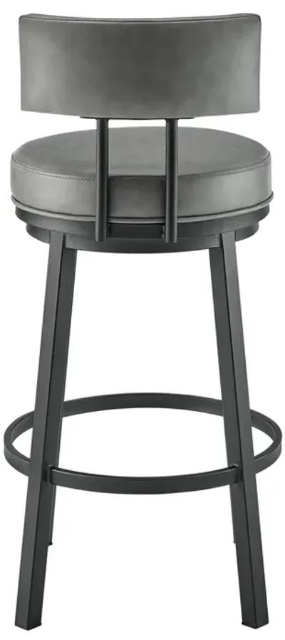 Dalza Swivel Counter or Bar Stool in Black Finish with Gray Faux Leather