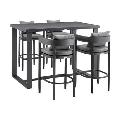 Menorca Outdoor Patio 5-Piece Bar Table Set in Aluminum with Grey Cushions