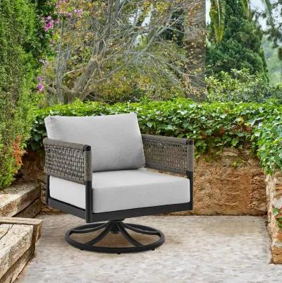 Felicia Outdoor Patio Swivel Rocking Chair in Black Aluminum and Gray Rope with Cushions