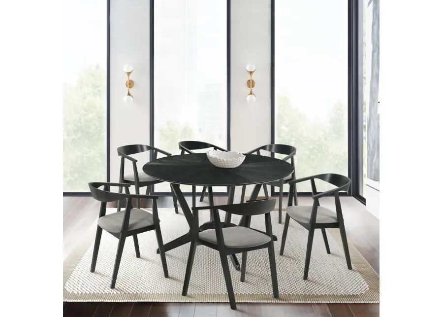 Santana 7 Piece Round Black Wood Dining Table Set with Charcoal Fabric