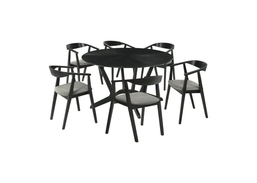 Santana 7 Piece Round Black Wood Dining Table Set with Charcoal Fabric