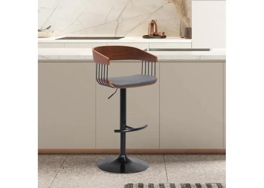 Larisa Adjustable Walnut Wood Bar Stool in Gray Faux Leather with Black Metal