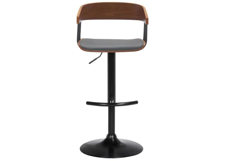 Larisa Adjustable Walnut Wood Bar Stool in Gray Faux Leather with Black Metal