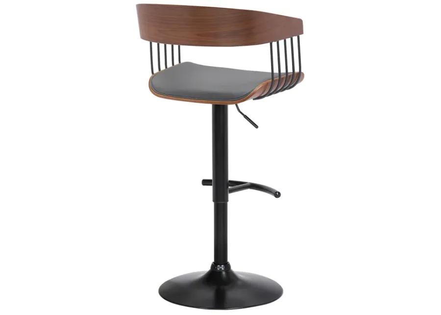 Larisa Adjustable Walnut Wood Bar Stool in Gray Faux Leather with Black Metal