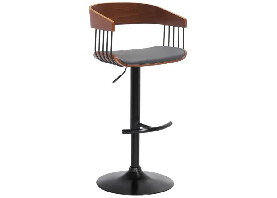 Larisa Adjustable Walnut Wood Bar Stool in Gray Faux Leather with Black Metal