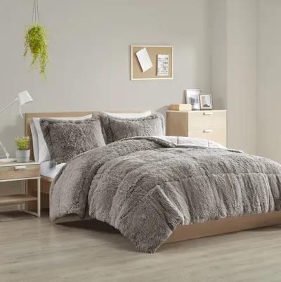 Intelligent Design Malea Grey Shaggy Long Fur Comforter Mini Set