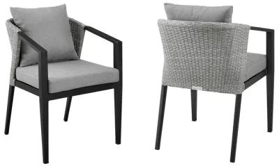 Palma Outdoor Patio Dining Chairs in Aluminum and Wicker with Grey Cushions - Set of 2