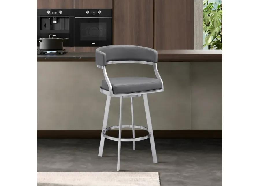 Dione 26" Counter Height Swivel Gray Faux Leather and Brushed Stainless Steel Bar Stool