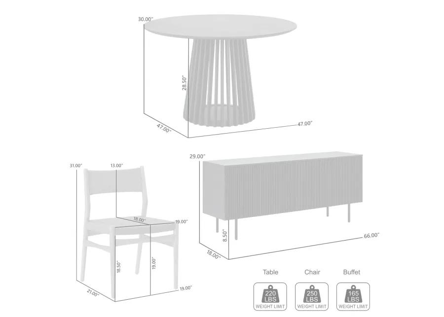 Pasadena Erie 6 Piece Round Dining Set with Buffet and Paper Cord Chairs in Black Finish with Walnut Finish Table Top