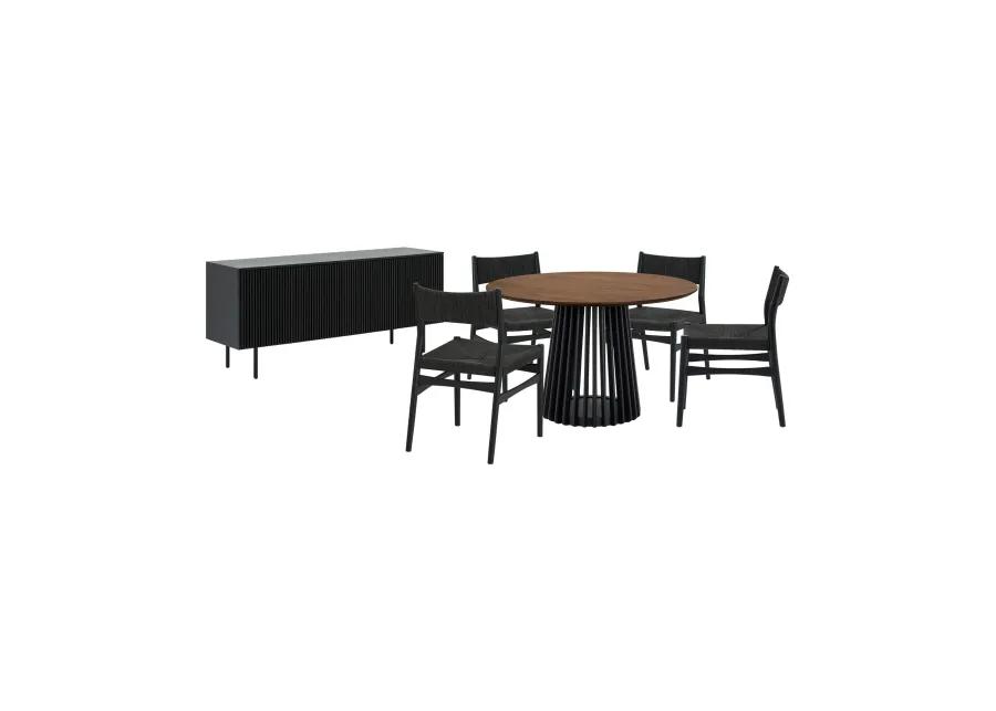 Pasadena Erie 6 Piece Round Dining Set with Buffet and Paper Cord Chairs in Black Finish with Walnut Finish Table Top