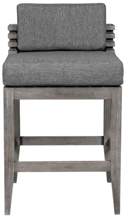 Vivid Outdoor Patio Counter Stool in Gray Eucalyptus Wood with Gray Olefin Cushions