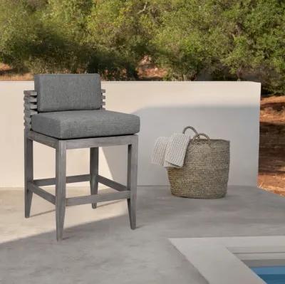 Vivid Outdoor Patio Counter Stool in Gray Eucalyptus Wood with Gray Olefin Cushions