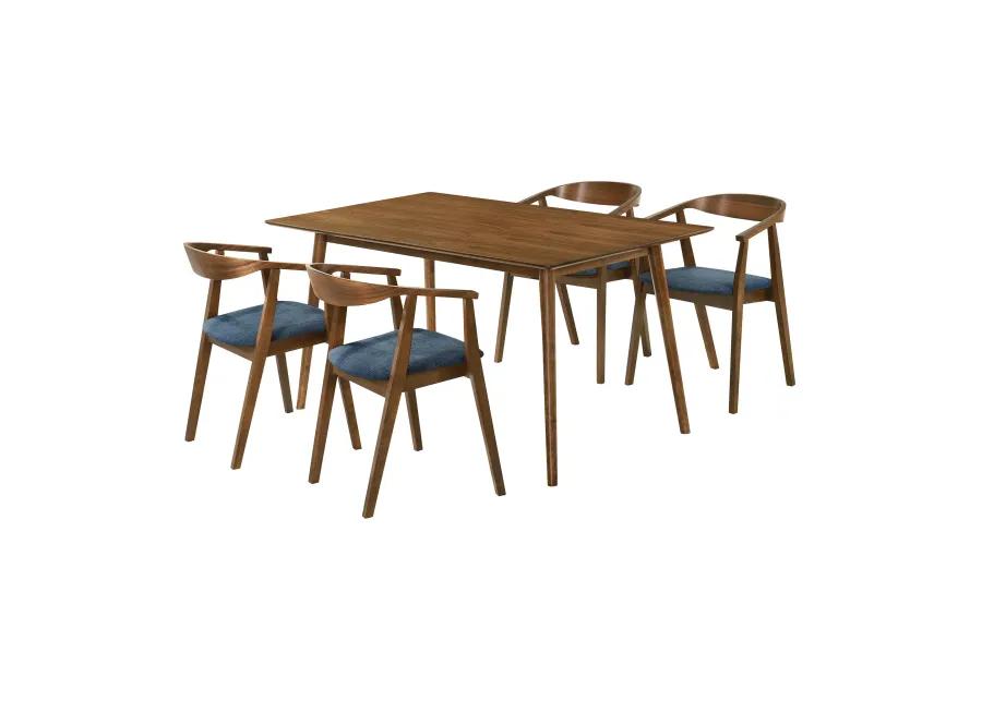 Westmont Santana 5 Piece Walnut Wood Dining Table Set with Blue Fabric