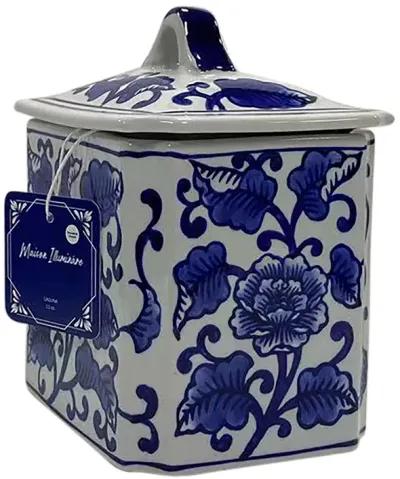 Cer, 6" 13oz Rect Chinoiserie Candle W/lid,blu/wht