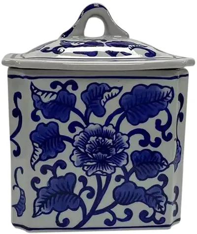 Cer, 6" 13oz Rect Chinoiserie Candle W/lid,blu/wht