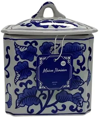 Cer, 6" 13oz Rect Chinoiserie Candle W/lid,blu/wht