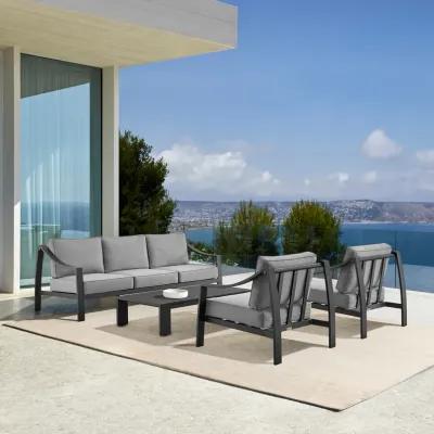 Mongo 4 Piece Outdoor Patio Furniture Set in Black Aluminum with Gray Cushions